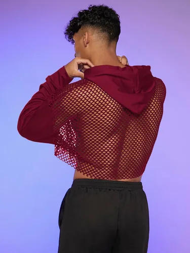 Vista 2 de Floerns Sudadera corta con capucha y cordón para hombre, manga larga, hombros caídos, con cordón