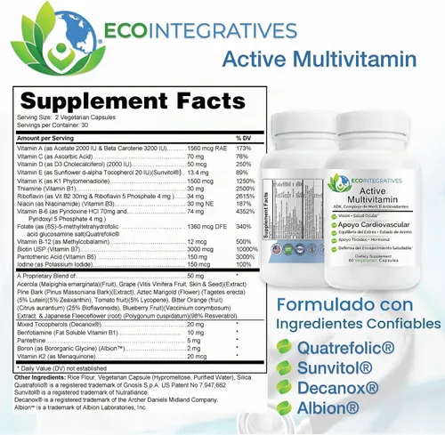 Vista 2 de Multivitamínico activo ADK, complejo de metilo B, antioxidantes Folato cuatrifólico, metilo B12, P5P, vitamina D3, K1/K2 60 cápsulas