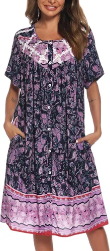 Vista 4 de AVIIER Vestido de casa para mujer, manga corta, plumero, abrigo con botones, ropa de dormir XXL