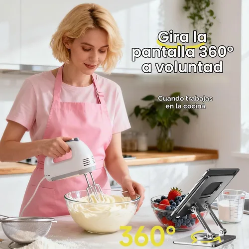 Vista 2 de Soporte para iPad, soporte para tableta con base giratoria gruesa de 360°, soporte de aluminio ajustable de doble varilla para todas las superficies