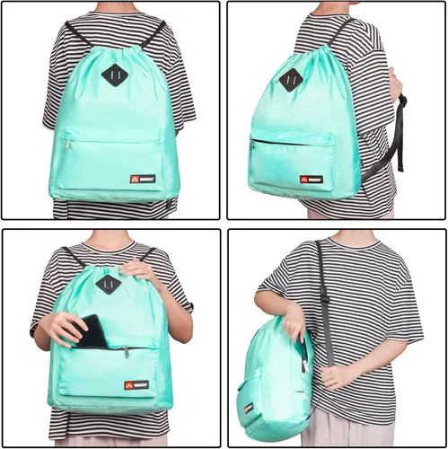 Vista 6 de WANDF Mochila de nailon con cordón espacio para zapatos resistente al agua para gimnasio compras deporte o yoga