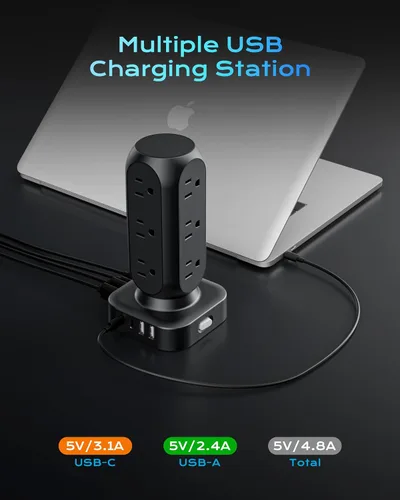 Vista 3 de Regleta de alimentación con protector de sobretensiones en torre, 12 salidas de CA y 8 puertos USB, cable de extensión de enchufe plano de 5 pies