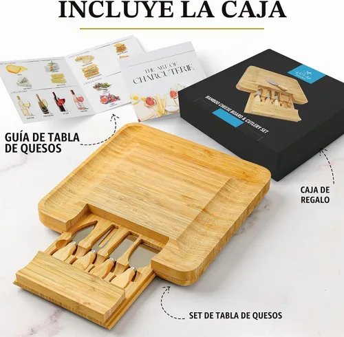 Vista 8 de Zulay Kitchen Juego de tablas de queso de bambú de alta calidad, juego de tablas de embutidos de bambú extra gruesas con juego de 4 cuchillos, tabla