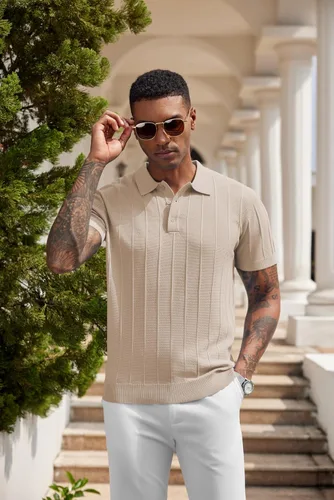 Vista 14 de COOFANDY Camisas polo de punto para hombre de manga corta con textura acanalada Camisas de golf casuales y ligeras con cuello Camiseta de polo