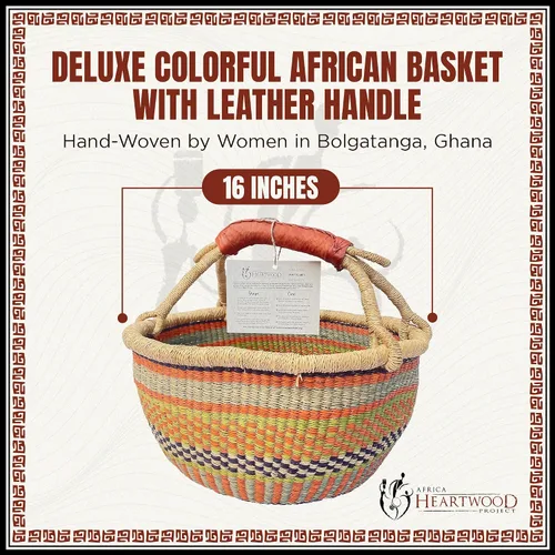 Vista 2 de Africa Heartwood Project Cesta africana colorida de lujo con asas de cuero, hecha a mano de hierba de elefante seca, tejida a mano por mujeres
