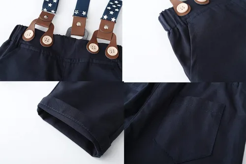 Vista 7 de SALNIER Conjunto de ropa de traje de bebé niño esmoquin trajes de caballero trajes de corbatín camisa tirantes pantalones boina sombrero 0-24M