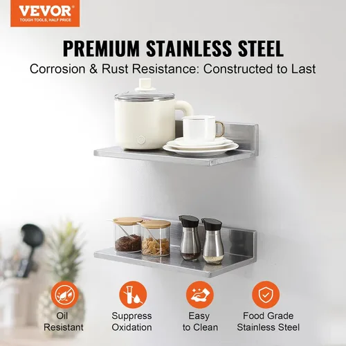 Vista 4 de VEVOR Estante de pared de acero inoxidable, 8.6 x 16 pulgadas, paquete de 2 con protector contra salpicaduras, soporta 44 libras, ideal para cocina