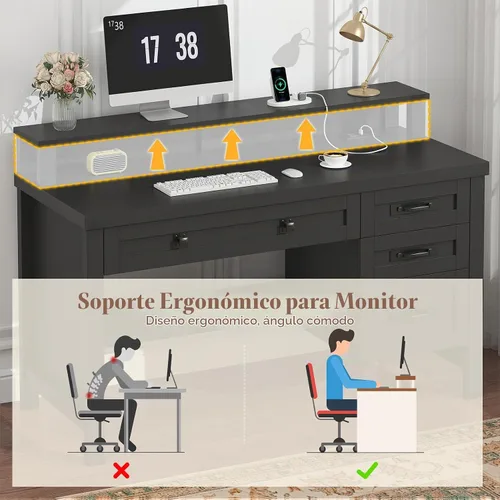 Vista 7 de YOMILUVE Escritorio para computadora de granja con cajones, escritorio pequeño para computadora de 47 pulgadas con tomas de corriente, escritorio