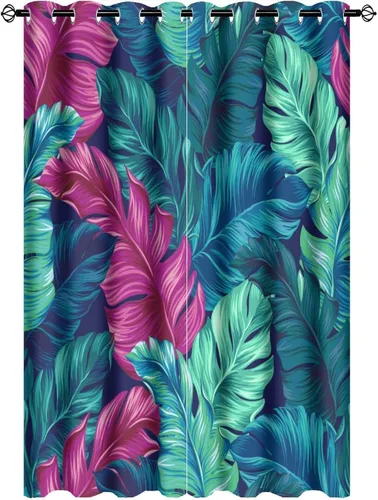 Vista 19 de Cortinas abstractas de hojas tropicales, acuarela tropical, hojas de palma, verano hawaiano, plátano, aislamiento térmico, cortinas completas