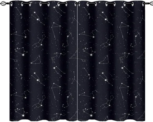 Vista 30 de Cortinas opacas de constelación para sala de estar, arte moderno abstracto, negro, galaxia, blanco, patrón de símbolo de constelación