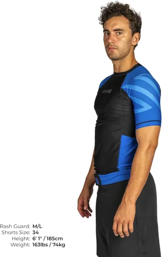 Vista 3 de Sanabul Esencial manga corta Rash Guard MMA BJJ Wrestling Grappling Jiu Jitsu Azul