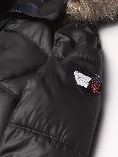 Vista 3 de Tommy Hilfiger Chaqueta acolchada pesada de longitud larga para niña con forro polar y capucha de piel sintética