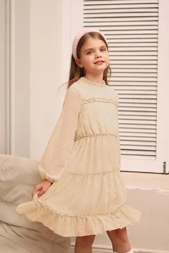 Vista 4 de GRACE KARIN Vestido escalonado con volantes para niñas, vestido acampanado de manga larga con lunares suizos, 6-12 años