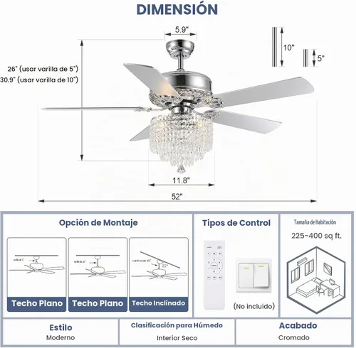 Vista 7 de Ventilador de techo de cristal con luces, ventilador de candelabro moderno con control remoto, ventilador de techo cromado reversible, lámpara