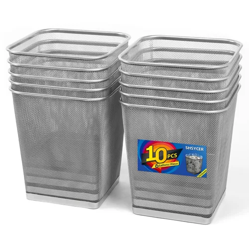 Vista 9 de Paquete de 10 cubos de basura de metal cuadrados negros de 6 galones, cubos de basura de malla para oficina, papeleras de alambre de metal, canasta