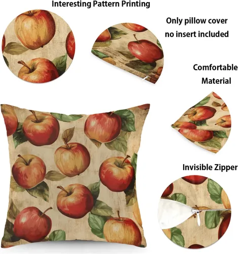 Vista 2 de Fundas de almohada vintage con manzanas y frutas marrones, fundas de cojín cuadradas para sofá, dormitorio, sala de estar, 16 x 16 pulgadas