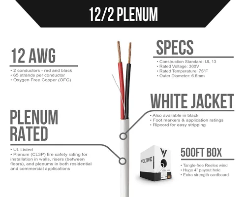 Vista 2 de Voltive Cable de altavoz 12/2, Plenum CL3P, blanco, 500 pies - 12 AWG, 2 conductores, cobre trenzado sin oxígeno, listado UL - V-1214-2
