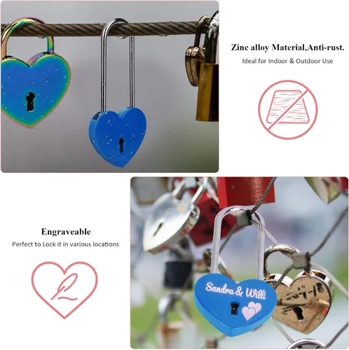 Vista 5 de 2 candados de corazón con candado de amor, corazón azul con llave para los amantes de la boda, día de San Valentín, aniversario, viajes (con llave)