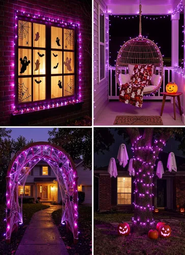 Vista 6 de Luces moradas de Halloween para exteriores, 33 pies, 100 luces LED impermeables de Navidad con 8 modos de iluminación, decoraciones de Halloween