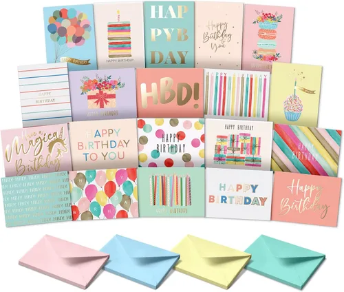 Vista 10 de Sweetzer & Orange Tarjetas de feliz cumpleaños con sobres y caja surtida. Juego variado de 20 tarjetas de cumpleaños surtidas con sobres, paquete a
