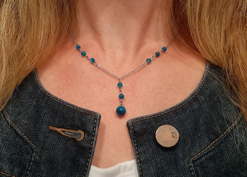 Vista 4 de Natural Crystal Bead Blue Agate Stone Y Shaped Lariat Necklace Non-Tarnish Steel Chain