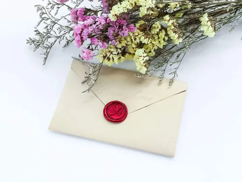 Vista 3 de Sello de cera, alfabeto inicial A con sello de corazón con mango de palisandro, decoración en embalajes, invitaciones, sobres, tarjetas, libro