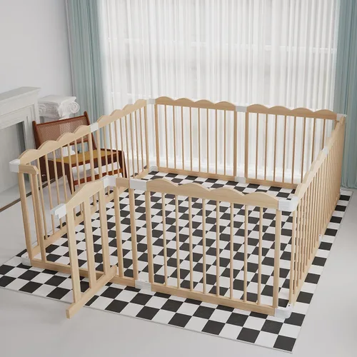 Vista 8 de Corralito de madera para bebés y niños pequeños, corralito grande de madera ajustable con puerta de bloqueo, fácil de montar, corral