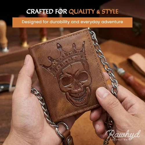 Vista 6 de RAW HYD Cartera de cuero triple Cartera vintage de calavera para hombre Bolso resistente con cadena de acero Carteras duraderas para hombre