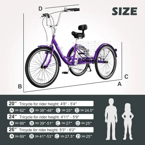 Vista 7 de H&ZT Triciclo para adultos, bicicleta de 3 ruedas, triciclo crucero, con cambio de 7 velocidades, manilla de freno de estacionamiento, paso bajo