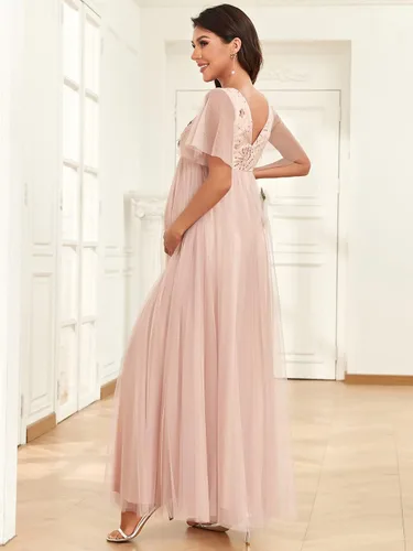 Vista 2 de Ever-Pretty Vestido de maternidad para sesión de fotos de maternidad con cuello en V y lentejuelas plisadas con mangas con volantes para mujer