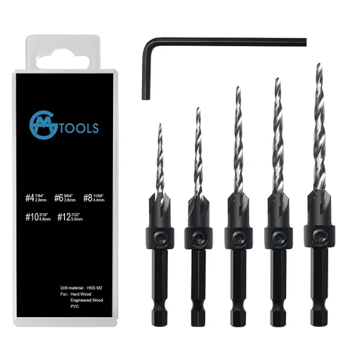 Vista 8 de Juego de Brocas Avellanadas GMTOOLS, 3 Piezas de Brocas Cónicas M2 HSS, con Vástago Hexagonal de 1/4" de Cambio Rápido y Llave Allen, Juego