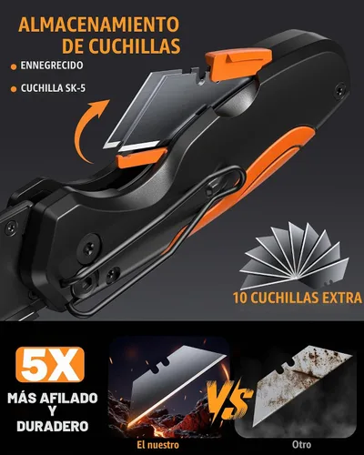Vista 3 de Cuchillo utilitario plegable de 4 en 1, cuchillo de corte de caja multiherramienta con clip de cinturón, cuchillo de afeitar de cambio rápido