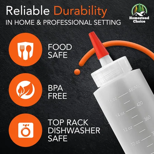 Vista 3 de Homestead Choice Paquete de 2 botellas de plástico exprimibles para salsas, botellas exprimibles de condimentos de 16 onzas para líquidos, botella