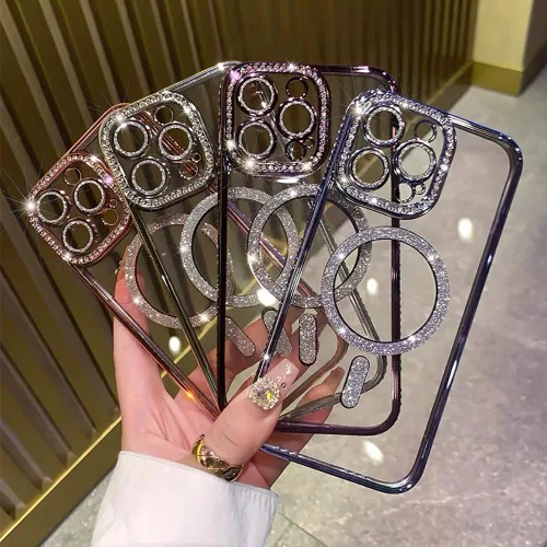 Vista 3 de Funda magnética de lujo con purpurina compatible con iPhone 13 Pro Max de 6.7 pulgadas, bonita funda transparente con diamantes de imitación