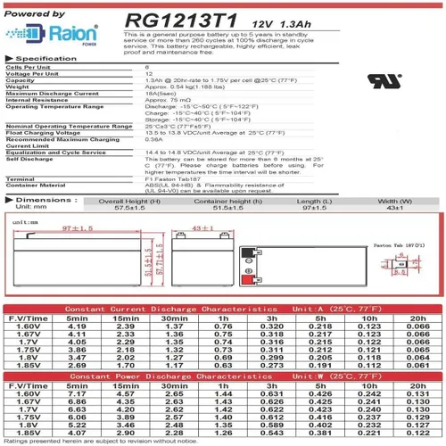Vista 7 de Raion Power - Batería AGM SLA de 12 V 1.3 Ah, terminal F1 - Reemplazo para puertas de mascotas de alta tecnología, ML1.3-12, EXP1213, B3V1A