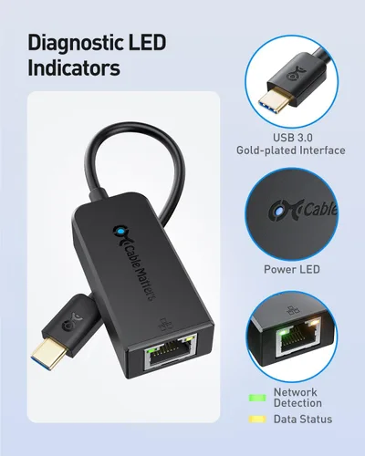 Vista 5 de Cable Matters Adaptador de USB 3.1 Tipo C (USB-C & Thunderbolt compatible con 3 Puertos) a RJ45 Gigabit Ethernet LAN, Negro