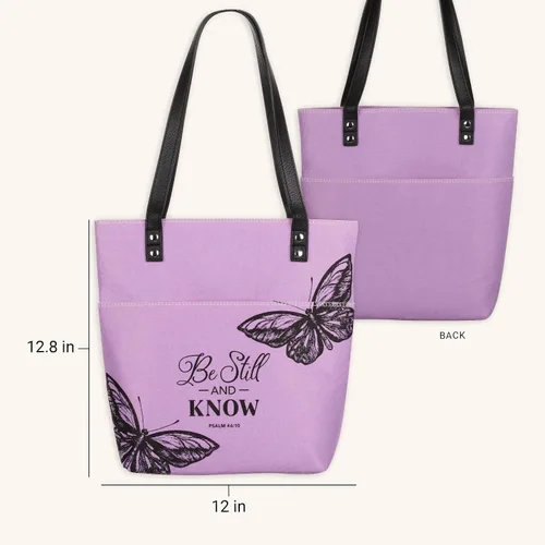 Vista 2 de Christian Art Gifts Bolsa de mano de fieltro y piel sintética con escritura inspiradora, talla única, Mariposa púrpura/Be Still, Estar quieto y saber