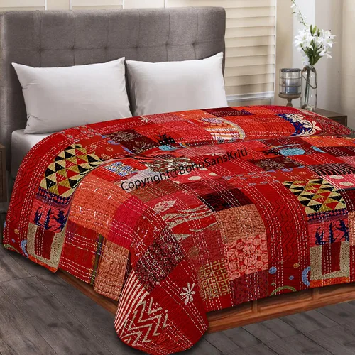 Vista 9 de Boho Sanskriti Colcha de seda india Kantha de retazos de seda tamaño Queen Twin Patola Colcha Negro