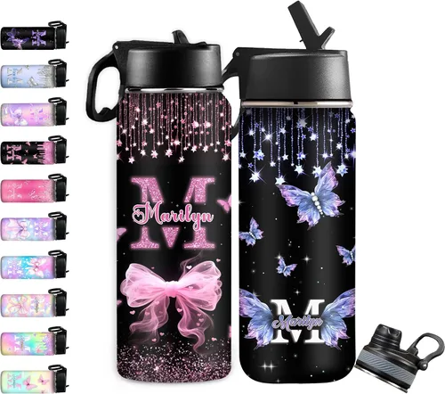 Vista 22 de InterestPrint Botella de agua personalizada para niños de 18 onzas con tapa de pajilla, botella de agua aislada de doble pared de acero inoxidable