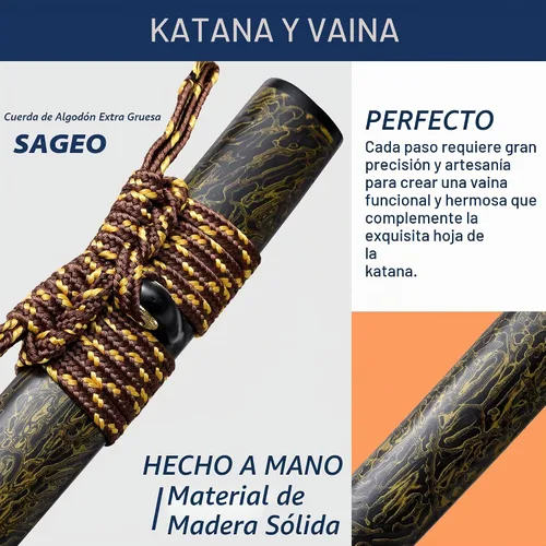 Vista 6 de entez Handcrafted Samurai Katana - Premium Damascus/T10 Clay Tempered Blades - Sharp Functional Japanese Swords, Full Tang