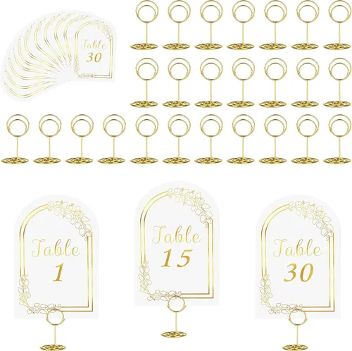 Vista 12 de JOYIT 21 juegos de tarjetas de mesa de boda del 1 al 20 y de la mesa principal con 21 soportes de números de mesas, tarjetas de números de oro negro