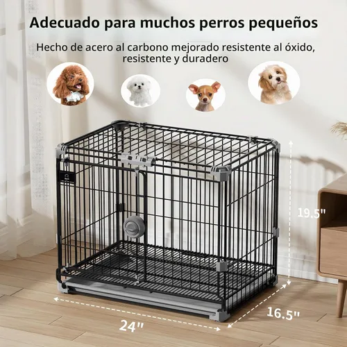 Vista 7 de Jaula para Perros para Perros Pequeños de Menos de 25 libras, Perrera de Perro de Metal Grueso Negro de 24 pulgadas Jaula de Alambre para Interiores