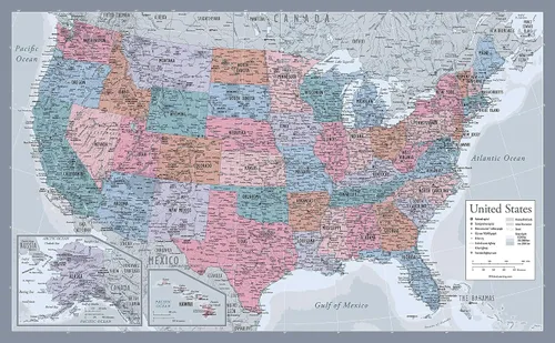 Vista 7 de Póster laminado de mapa de Estados Unidos, gráfico de pared de mapa de EE. UU., fabricado en los Estados Unidos [negro]