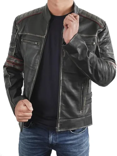 Vista 3 de NM-Fashions Chaqueta de cuero vintage Cafe Racer para hombre, chaqueta de carreras de motocicleta retro