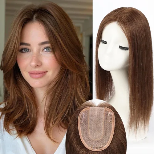 Vista 21 de HAIRCUBE Pelucas de cabello humano 100% con flequillo, densidad 150%, base de seda, clip en la parte superior, pelucas de cabello superior