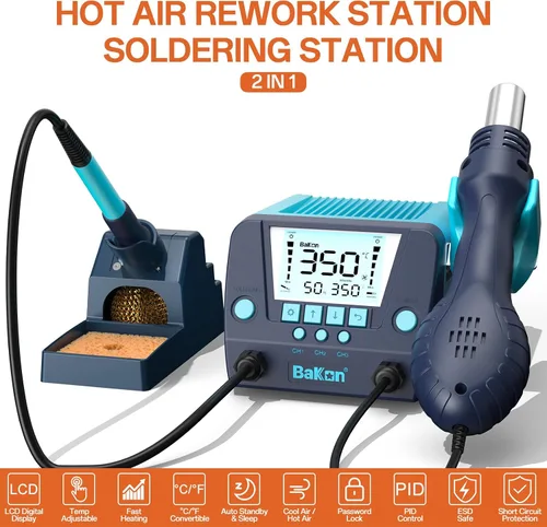 Vista 2 de BAKON 882 - Estación de soldadura digital 2 en 1 de retrabajo de aire caliente con 3 canales preestablecidos, soldadura automática de sueño