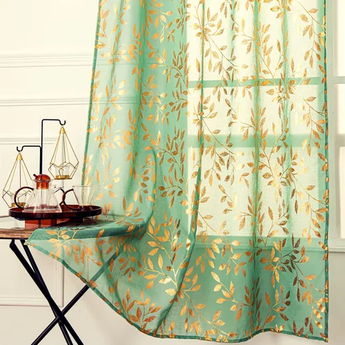 Vista 18 de Deeprove Cortinas traslúcidas color aguamarina y dorado de 63 pulgadas de largo, 2 paneles para decoración de dormitorio, cocina, decoración