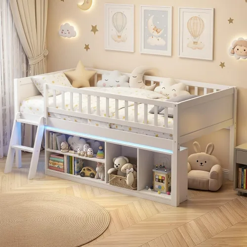 Vista 12 de KOMFOTT Cama baja de tamaño individual con luces LED, marco de cama loft de madera para niños con escalera, barandilla de seguridad de longitud Gris