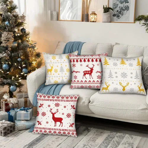 Vista 6 de PICKFORU Juego de 4 fundas cuadradas de almohada navideñas de 18 x 18 pulgadas, fundas cuadradas de invierno con ciervos navideños para sofá