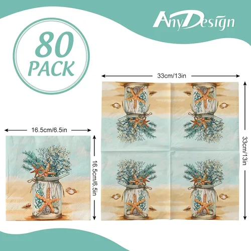 Vista 2 de AnyDesign Paquete de 80 servilletas de papel de playa desechables con estrellas de mar en orilla del mar, tarros de coral masón de postre